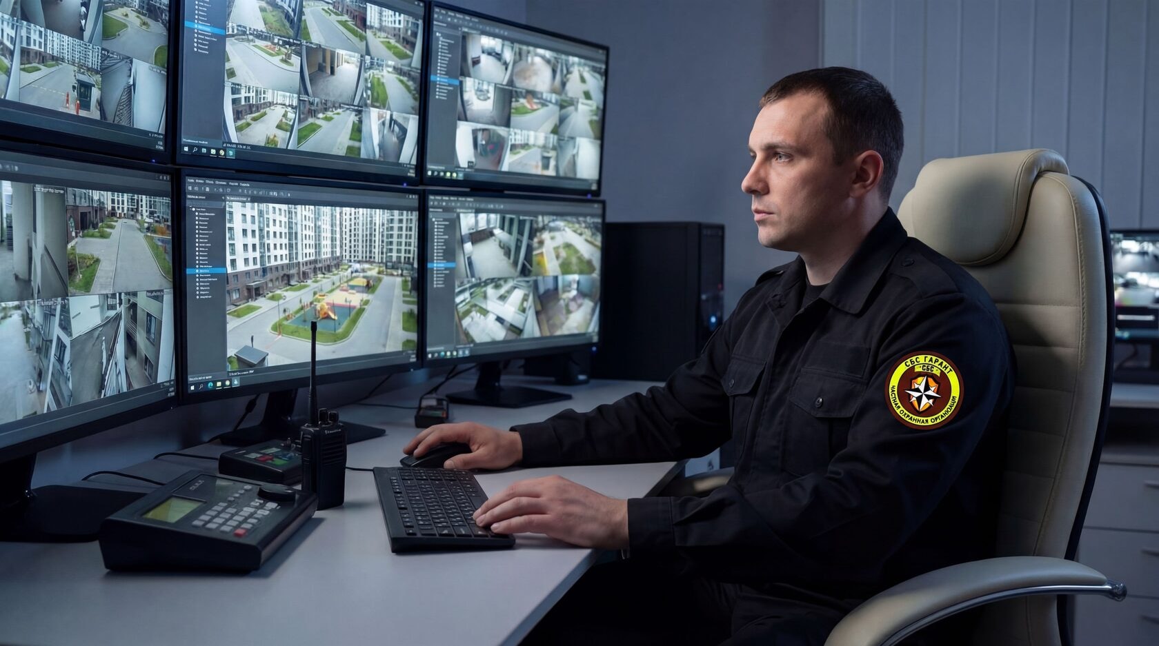 Оператор пультовой охраны СВС-Гарант за мониторами видеонаблюдения